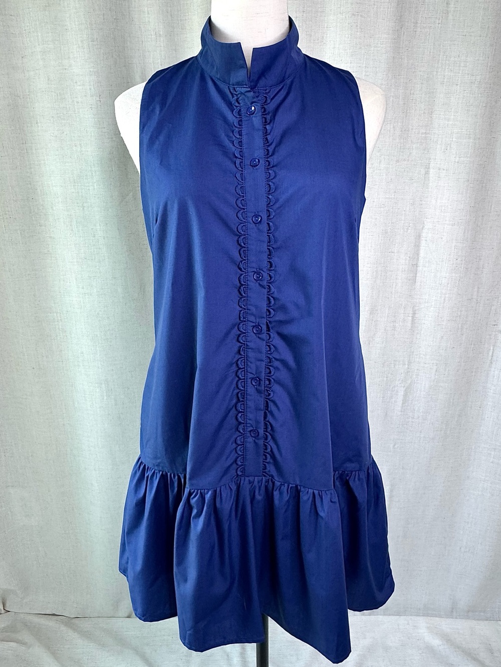 Joy Joy Scalloped Sleeveless Shift Dress Ruffle Hem High Neck Navy Blue XS NWT